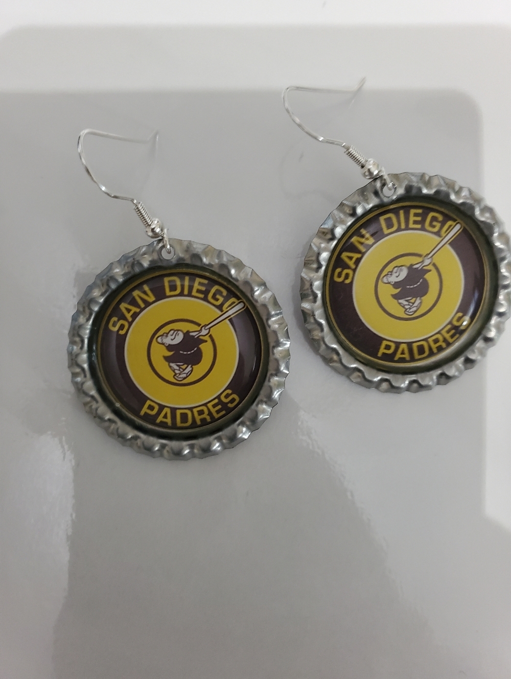 SAN DIEGO PADRES bottlecap earrings silver plated hooks Retro Graphic Look